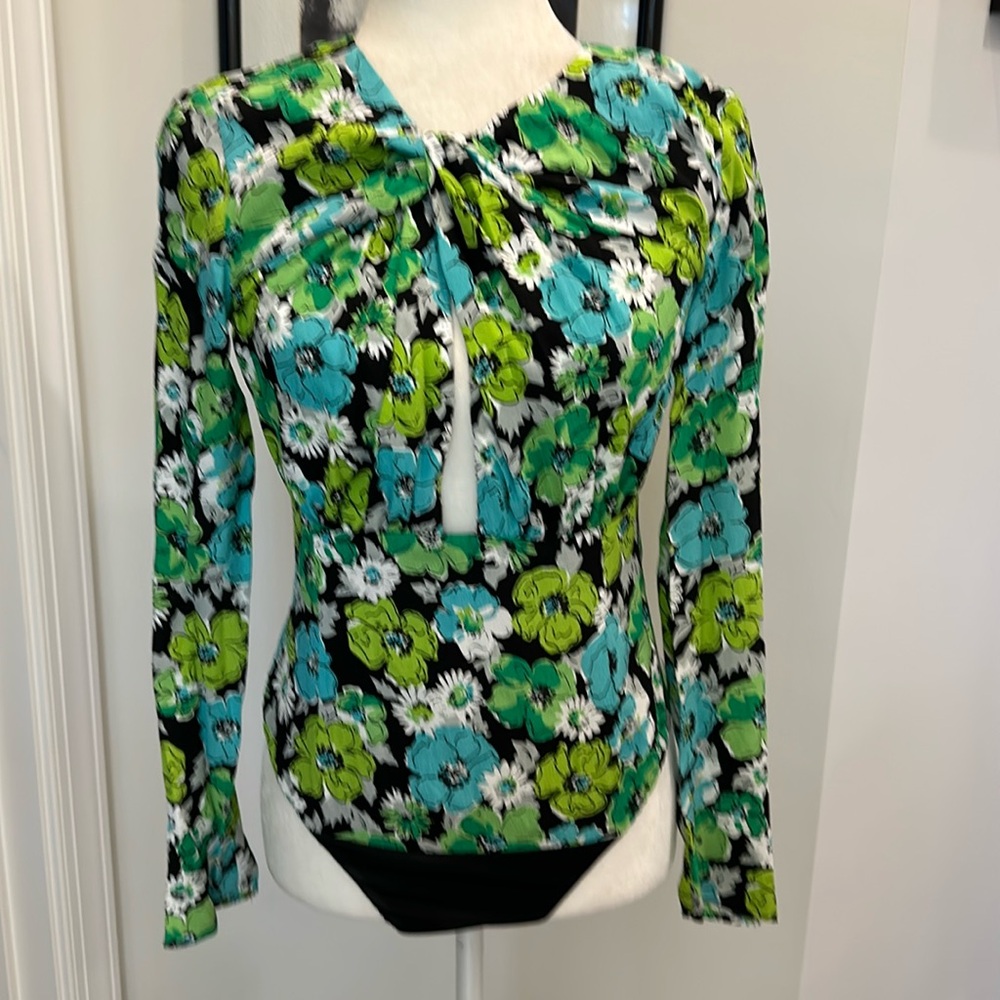 NWT- Zara Floral Draped Green Long Sleeve Bodysuit. Size S